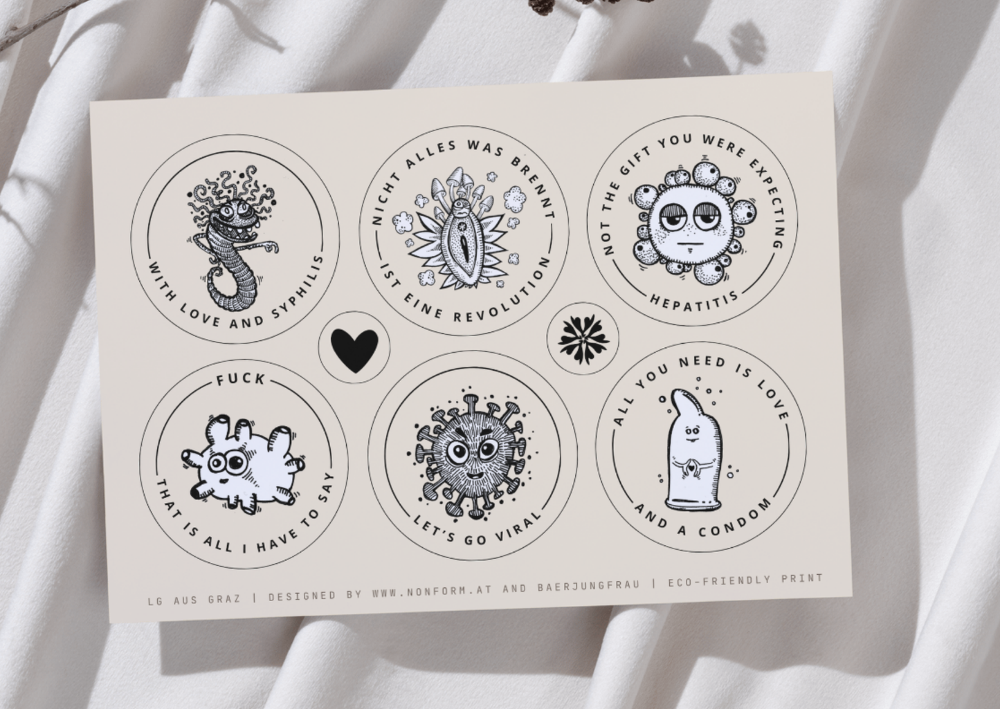 Sticker set “The colorful world of sexually transmitted diseases” | 6 stickers on a DIN A6 sheet (148 x 105 mm)