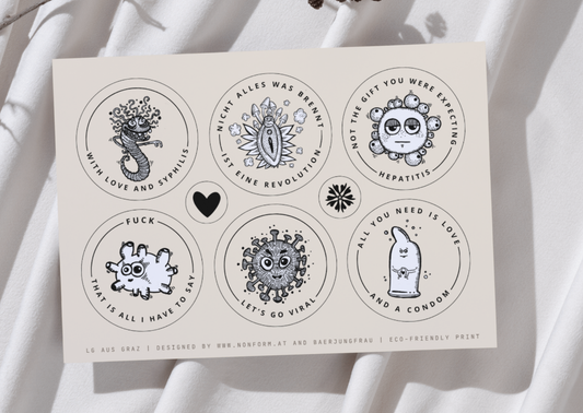 Sticker set “The colorful world of sexually transmitted diseases” | 6 stickers on a DIN A6 sheet (148 x 105 mm)